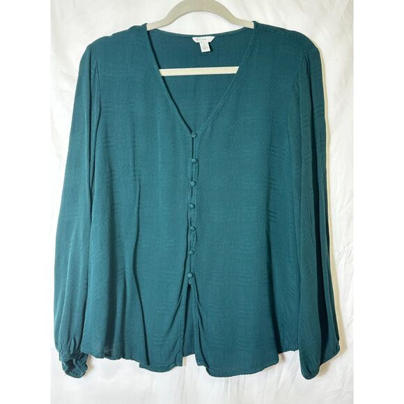 Cest 1946 Women's Deep V Neck Front Button Turquoise Blouse Size L - Picture 1 of 4